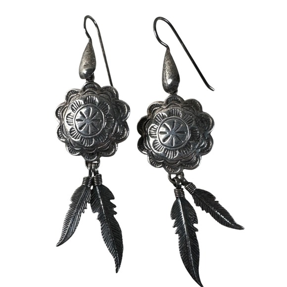Sterling Silver 925 Southwestern Concho Feather Dangle Drop Earrings Native